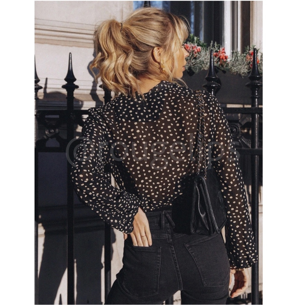 Bodysuit Spotty Print Chiffon Sheer Black Long Sleeve Ruffle Detail V-Neck - Picture 4 of 6
